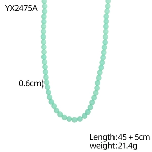 Detail view of mint green beaded necklace with 0.6cm beads and 45cm length chain
