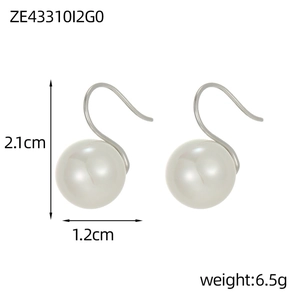 Detail view of large faux pearl drop earrings with silver metal hooks and size dimensions