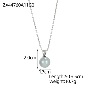 Detail view of a silver bead chain necklace with 2cm grey-blue pearl pendant dimensions