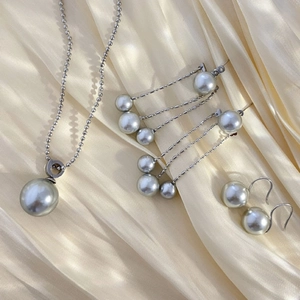 French style grey pearl jewelry set with ball chain necklace and elegant drop earrings