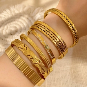 Boho vintage gold cuff bracelet set with feather design and zircon stones stacking