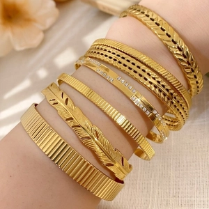 Vintage Gold Plated Stainless Steel Open Cuff Bracelet For Women Feather Ribbed Braided Geometric Adjustable Jewelry Gift