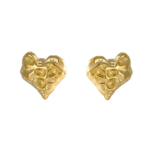 Detailed macro view of golden heart stud earrings with hammered lava texture finish