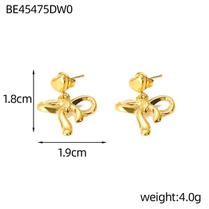 Elegant gold bow earrings with heart studs and polished finish, sized 1.8cm by 1.9cm