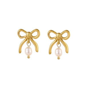 Detail of 14K gold plated bow earrings with lustrous white natural pearls on white backdrop
