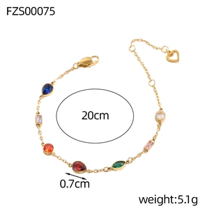 Adjustable gold chain bracelet with multicolor gemstones and heart charm, length 20cm