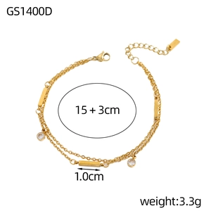 Detailed view of adjustable double-layer gold bracelet with zircons and dimension markings