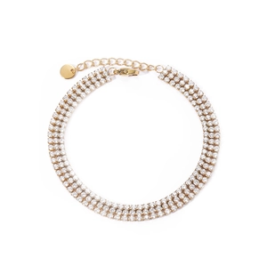 Detail of a three-row rhinestone tennis bracelet with adjustable lobster clasp