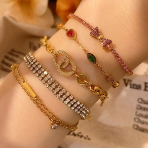 Elegant Gold Plated Stainless Steel Zirconia Bracelet For Women Multicolor Gemstone Bowknot Heart Interlocking Rings Jewelry