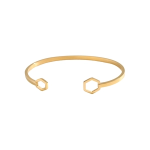 Vista dettagliata del bracciale rigido dorato a doppio strato con design esagonale