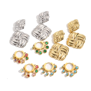 Exquisite geometric woven square earrings and colorful gemstone drop hoops set for women
