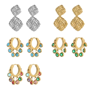 Set of colorful geometric drop earrings with gold finish and vibrant gemstone beads