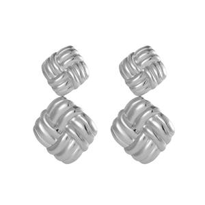 Silver double-layer woven textured square drop earrings made of polished stainless steel