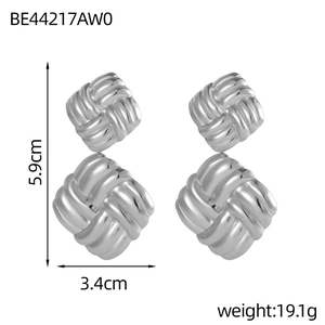 Silver geometric textured drop earrings showing 5.9cm height and 3.4cm width dimensions