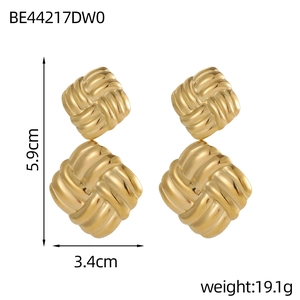 Golden woven textured square earrings with overlapping layered geometric design