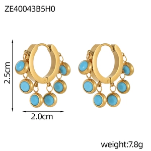 Detail of gold-plated hoop earrings with six blue turquoise gemstone beads and dimensions