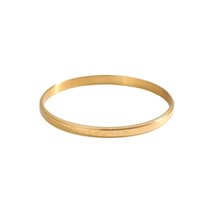Detailed macro view of the gold-finish engraved bangle with Roopretelcham text