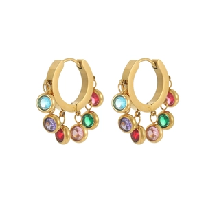 Detail of 18K gold-plated earrings featuring six colorful round-cut crystal charms