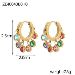Gold hoop earrings with colorful round gemstone tassels and dimension markings