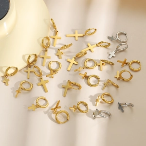 Minimalist 18k gold plated stainless steel cross charm hoop earrings in gold and silver