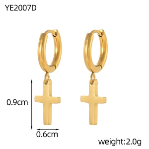 Detail view of 0.9x0.6cm gold-plated cross earrings with dimensions and weight info