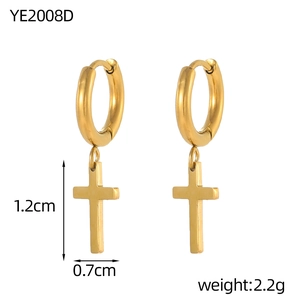 Detail showing dimensions of golden cross hoop earrings with 1.2cm pendant size