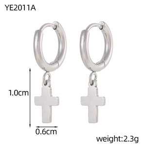 Detailed view of silver hoop earrings with small cross charms and size measurements
