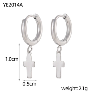 Detailed size chart of silver cross drop earrings showing dimensions and 2.1g weight