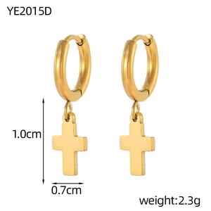 Detail view of gold cross pendant earrings with precise dimensions and weight specs