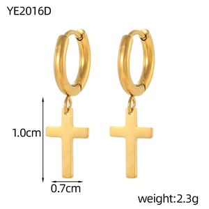Detailed view of golden hoop earrings with cross pendant showing dimensions and weight