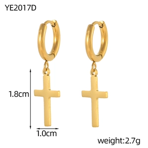 Macro shot of gold cross hoop earrings with 1.8cm pendant dimensions and weights