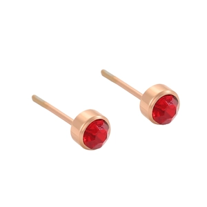 Détail de boucles d'oreilles rondes en or rose avec cristal rouge à facettes serti