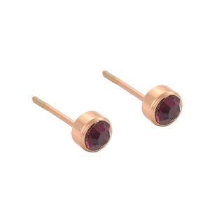Détail des boucles d'oreilles rondes en cristal violet avec monture en or rose