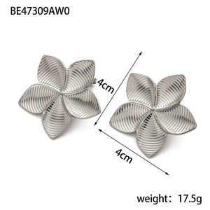 Macro detail of silver five-petal flower earrings with textured metallic finish and 4cm size