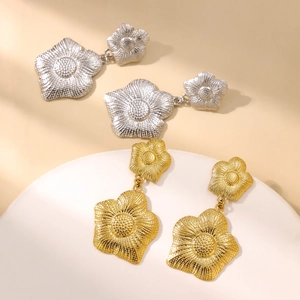 Retro gold and silver layered flower earrings set with vintage embossed texture