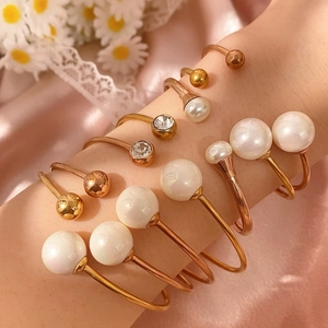 Bracciale Rigido Aperto in Acciaio Inossidabile per Donna Oro Oro Rosa Cubo Geometrico Perla Artificial Strass Gioielli Regolabili