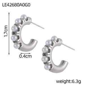 Silver-toned C-shaped earrings with six white pearls and precise 1.7cm height detail