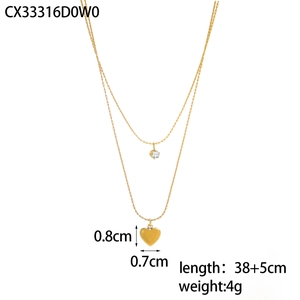 Elegant gold double layer necklace with white crystal and heart pendant 38+5cm
