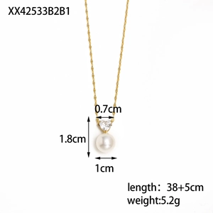 Detail view of heart zircon and pearl pendant necklace with exact size measurements