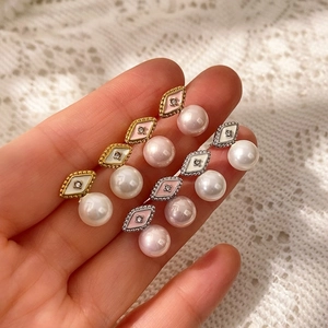 Pendientes de Botón Vintage de Trébol Flor Geométrica de Acero de Titanio Aleación Esmalte Strass Imitación de Perla Artificial para Mujer Joyería de Lujo