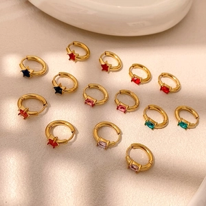 Fashion Stainless Steel Colorful Rhinestone Hoop Earrings For Women Exquisite Teardrop Star Geometric Huggie Earrings Jewelry