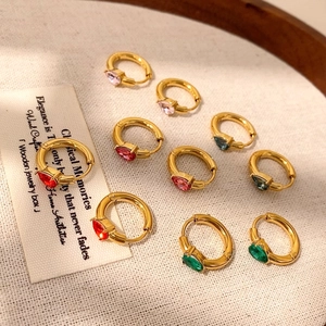 Set of 10 minimalist gold hoop earrings with colorful pear-cut waterdrop gemstones