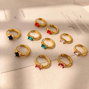 Colorful gemstone gold hoop earring set featuring star and square cut crystals