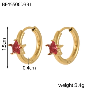 Detailed size view of gold star hoop earrings with red crystal inlay and dimensions