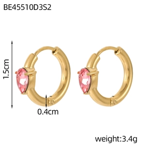 Detailed size view of gold hoop earrings featuring a pink pear-shaped drop stone charm