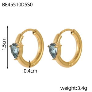 Detailed view of gold hoop earrings with blue waterdrop zircon and size measurements