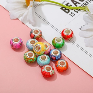 Colorful resin large hole beads with floral patterns and metal core for DIY bracelets