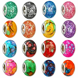 Set of 16 faceted large hole glass beads with glitter and watercolor textures for DIY jewelry