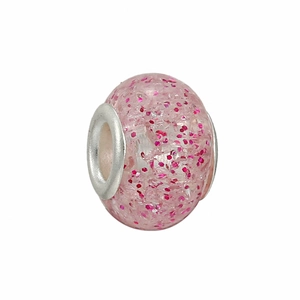 Detail of pink resin charm bead with red hexagonal sequins and silver metal core