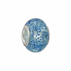 Macro shot of light blue resin charm bead with dark blue glitter and silver metal core